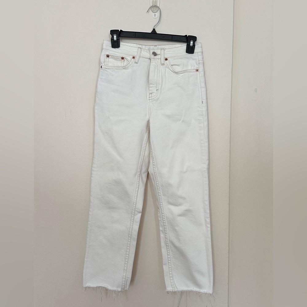 Topshop Off White Straight Ankle Raw Hem Jeans